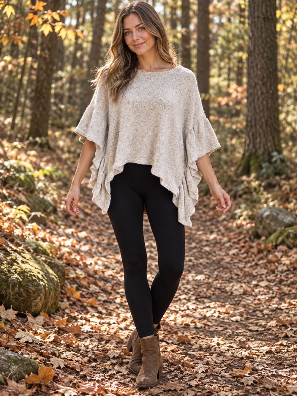 ILLA ILLA Light Taupe Ruffle Sleeve Asymmetrical Poncho Fuzzy Textured Sweater